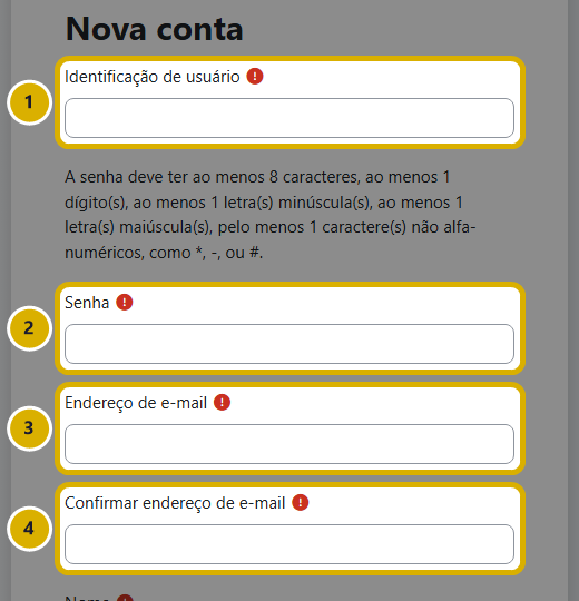 Formulário Nova conta com os campos de usuário, senha e e-mail marcados de 1 a 4