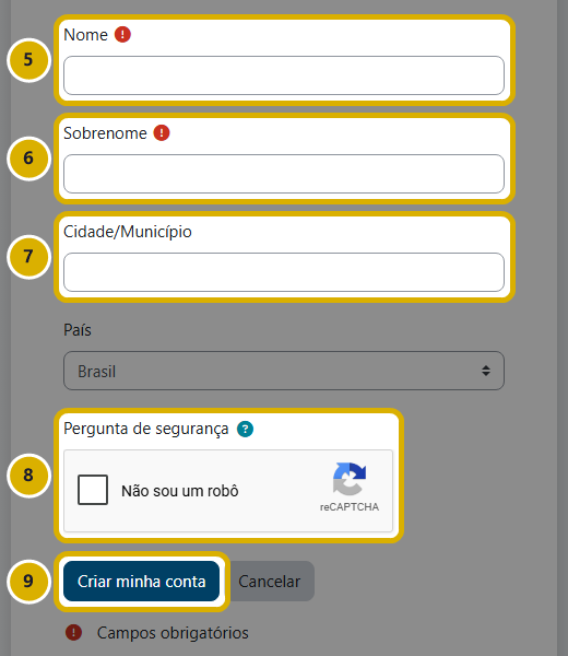 Formulário Nova conta com os campos de nome, sobrenome, cidade, verificação e o botão Criar minha conta marcados de 5 a 9
