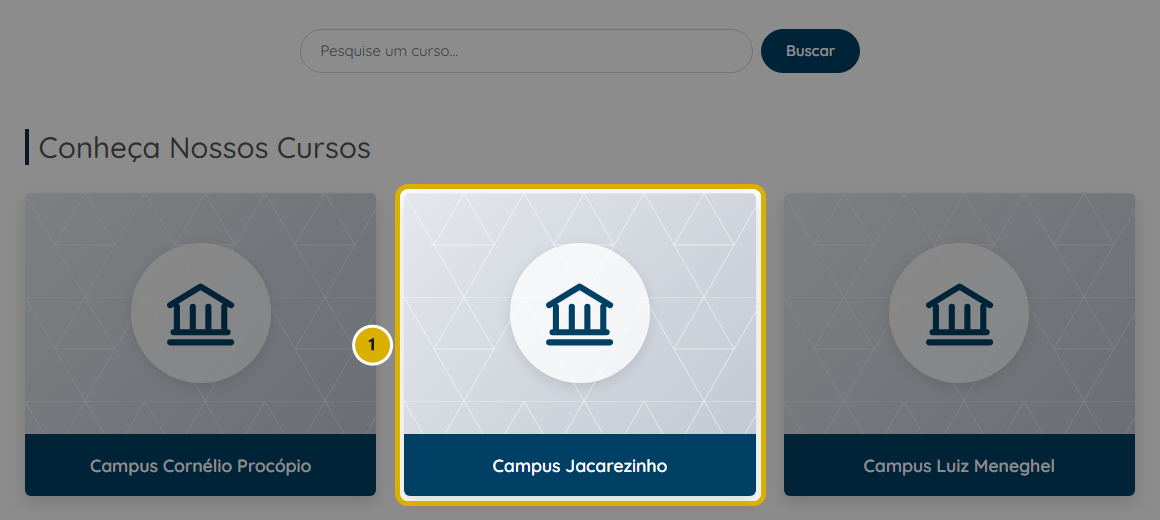 Quadros dos campi na página inicial, com o Campus Jacarezinho marcado