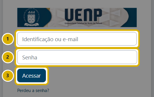 Tela de login com os campos de usuário e senha e o botão Acessar marcados