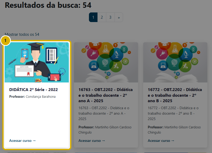 Resultados da busca com a primeira disciplina marcada
